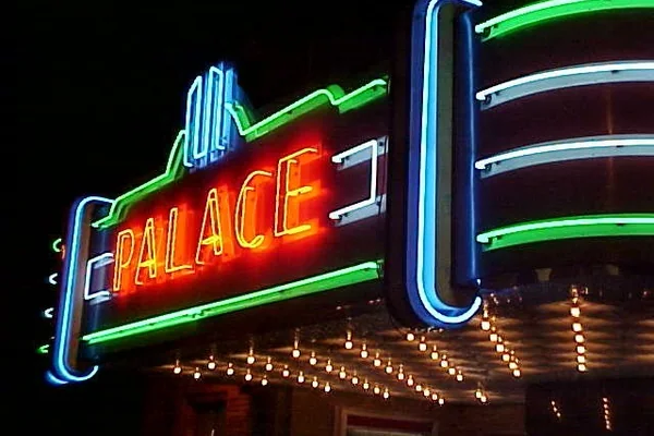 Illuminated Palace Theatre marquee on Main Street in Crossville