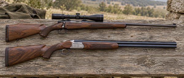 Photo-style illustration of a scoped hunting rifle and sporting shotgun