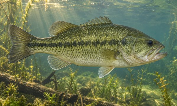 Photo-style illustration of a largemouth bass in clear lake water