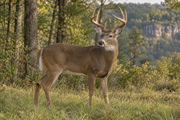 Photo-style illustration of a white-tailed buck in a woodland clearing