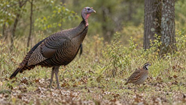 Photo-style illustration of a wild turkey and bobwhite quail