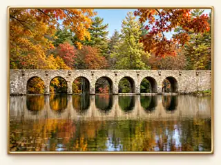 A 3D-styled view of the stone bridge at Cumberland Mountain State Park, with autumn trees and lake reflections