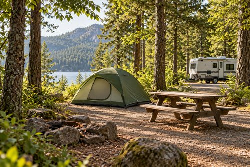 Generated photo-style illustration of a tent and travel trailer at a wooded campsite